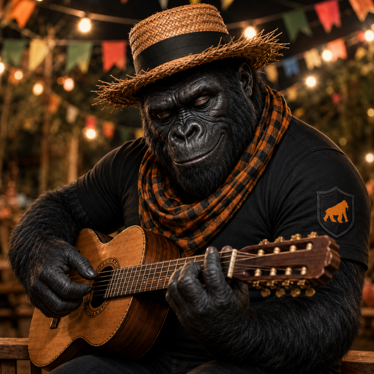Mascote GShield tocando violão no Arraiá