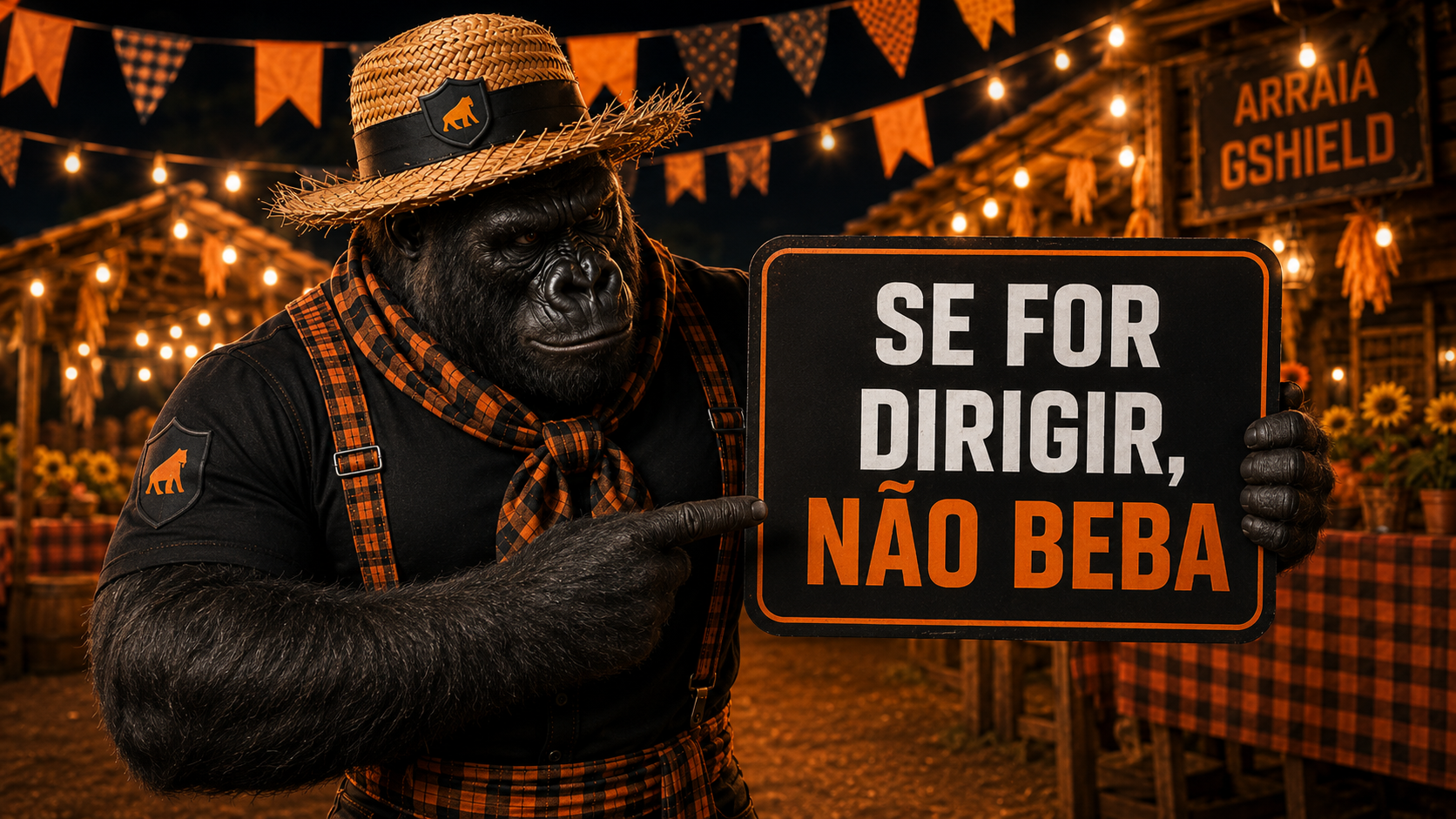 Mascote GShield com placa Se for dirigir, não beba